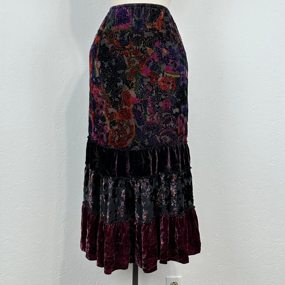 Whimsigoth Boho Fairy Velvet Maxi Skirt Sz 1 Medium Floral Tiered Stevie Witchy